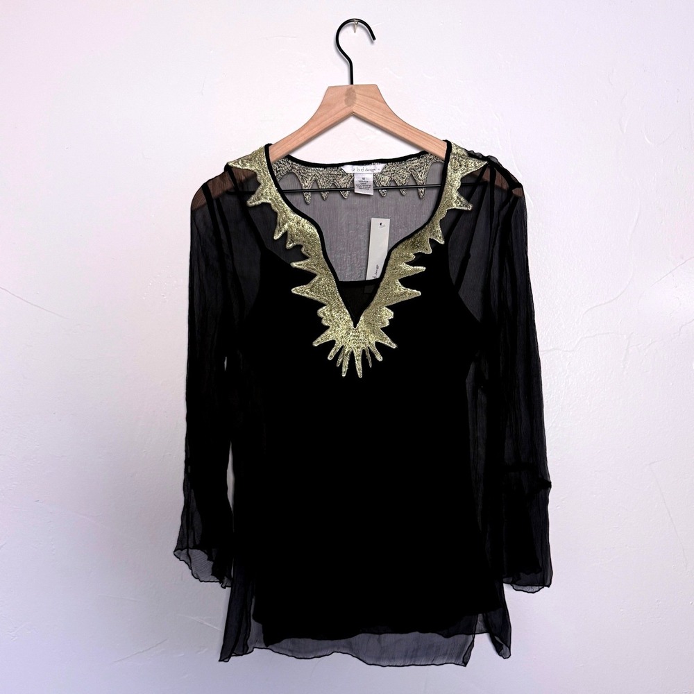 NWT Z.B.D. Design Black Silk Gold Embroidered Sheer Tunic Y2K Size 10
